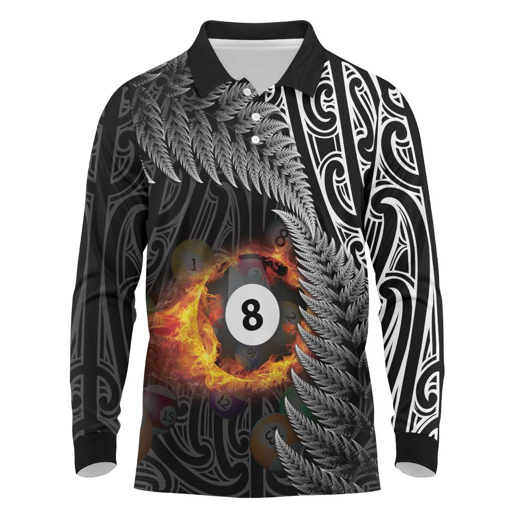 Personalised New Zealand Billiards Long Sleeve Polo Shirt Maori Fern On Fire 8 Ball LT14 Black - Polynesian Pride