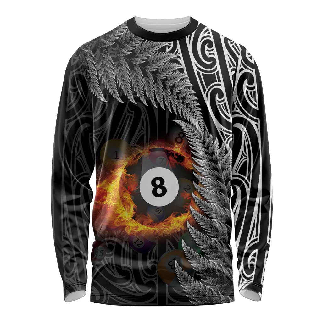 Personalised New Zealand Billiards Long Sleeve Shirt Maori Fern On Fire 8 Ball LT14 Unisex Black - Polynesian Pride