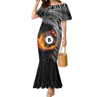 Personalised New Zealand Billiards Mermaid Dress Maori Fern On Fire 8 Ball LT14 Women Black - Polynesian Pride