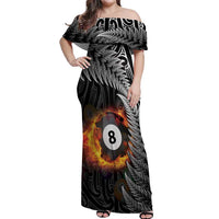 Personalised New Zealand Billiards Off Shoulder Maxi Dress Maori Fern On Fire 8 Ball LT14 Women Black - Polynesian Pride