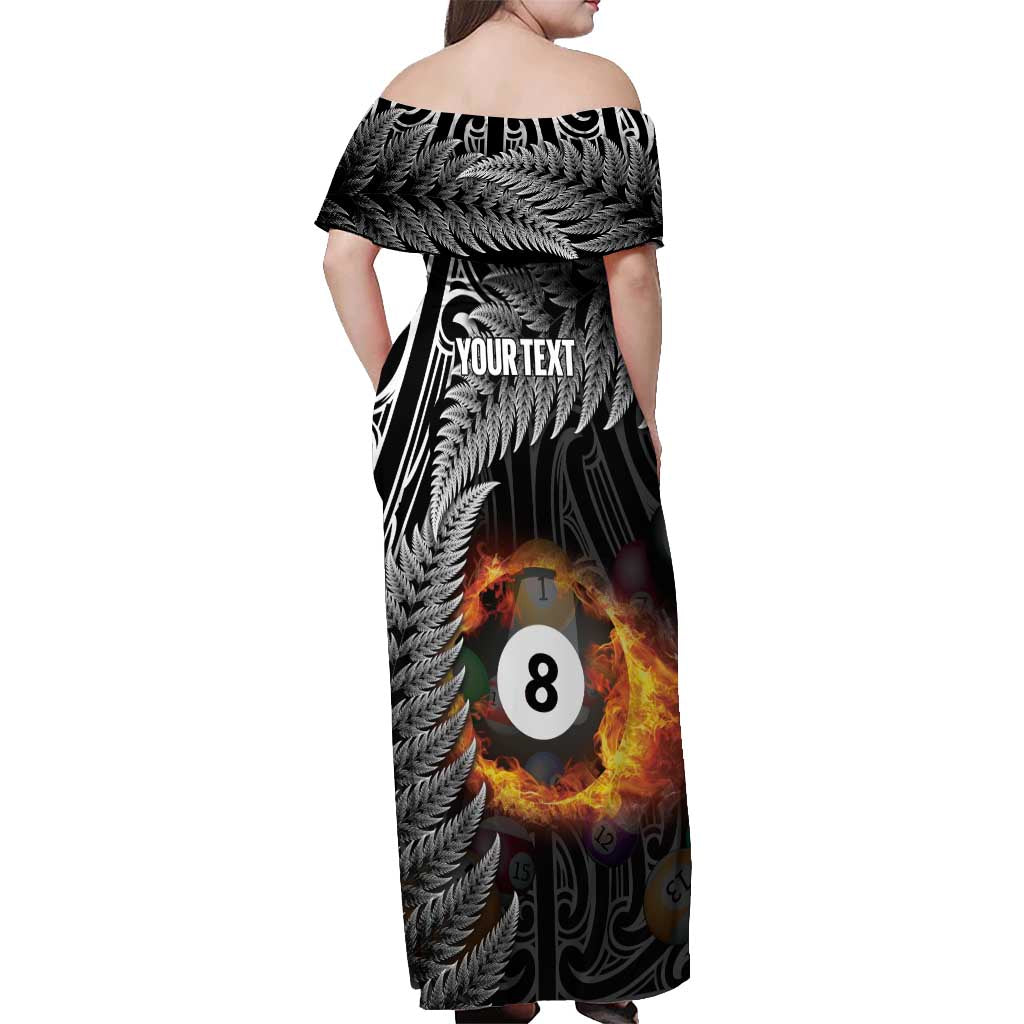Personalised New Zealand Billiards Off Shoulder Maxi Dress Maori Fern On Fire 8 Ball LT14 - Polynesian Pride