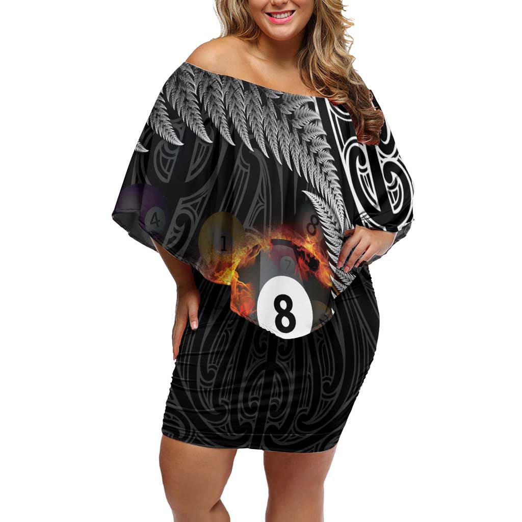 Personalised New Zealand Billiards Off Shoulder Short Dress Maori Fern On Fire 8 Ball LT14 Women Black - Polynesian Pride
