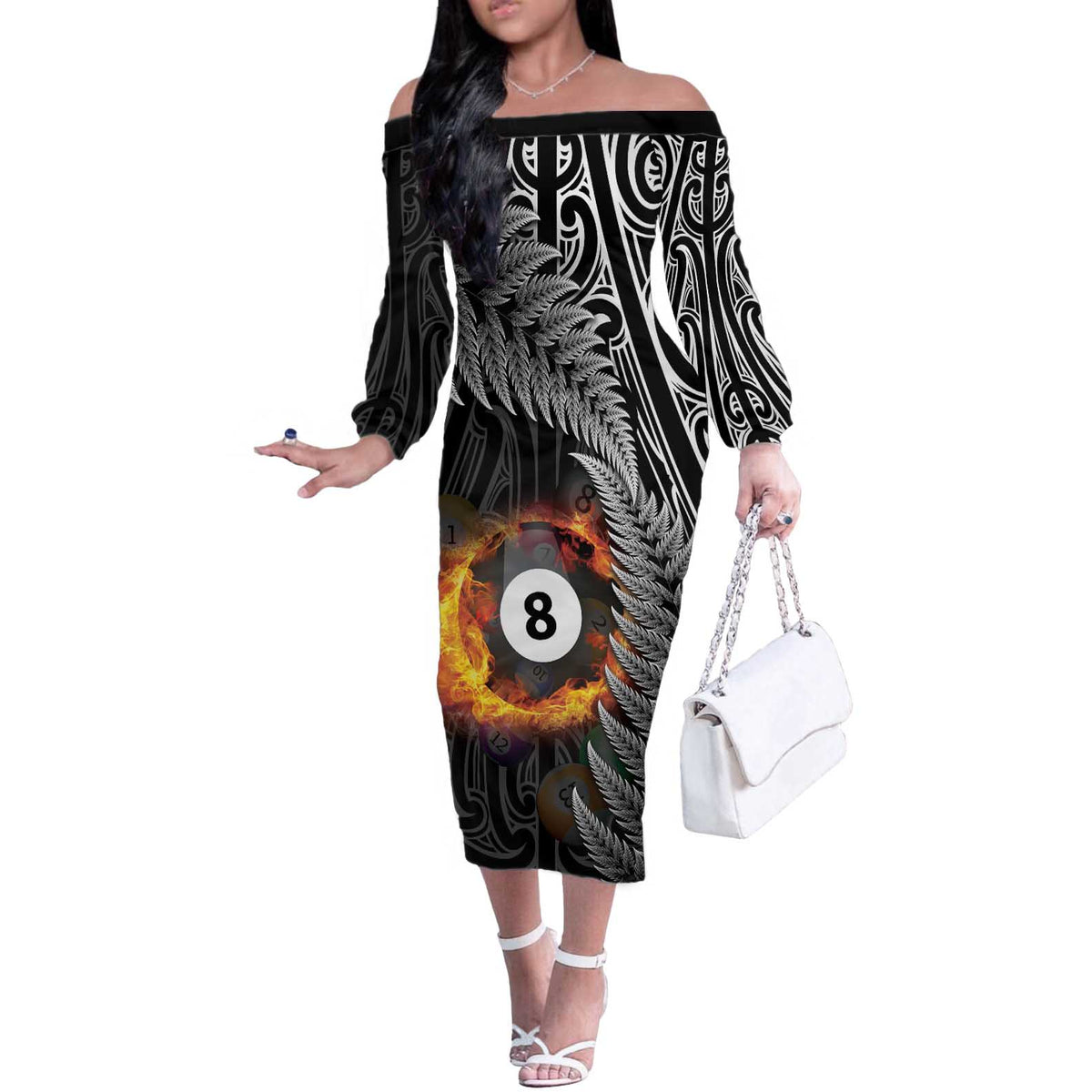 Personalised New Zealand Billiards Off The Shoulder Long Sleeve Dress Maori Fern On Fire 8 Ball LT14 Women Black - Polynesian Pride