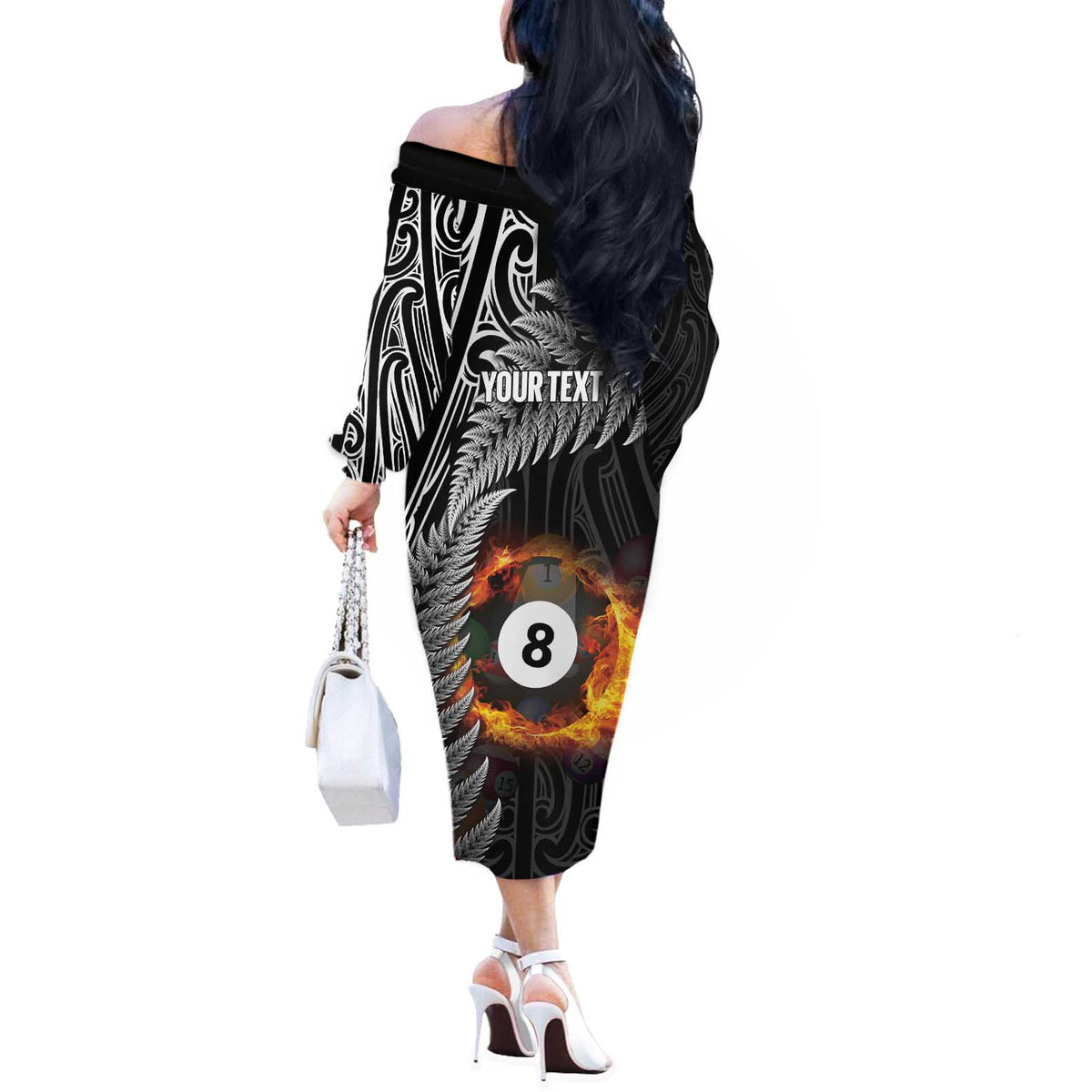 Personalised New Zealand Billiards Off The Shoulder Long Sleeve Dress Maori Fern On Fire 8 Ball LT14 - Polynesian Pride