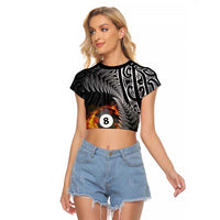 Personalised New Zealand Billiards Raglan Cropped T Shirt Maori Fern On Fire 8 Ball LT14 Female Black - Polynesian Pride