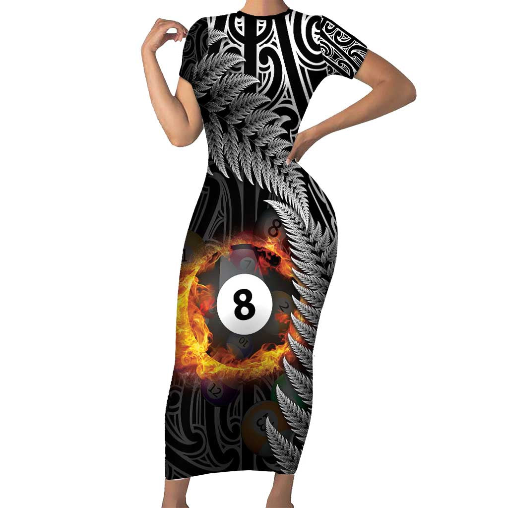 Personalised New Zealand Billiards Short Sleeve Bodycon Dress Maori Fern On Fire 8 Ball LT14 Long Dress Black - Polynesian Pride