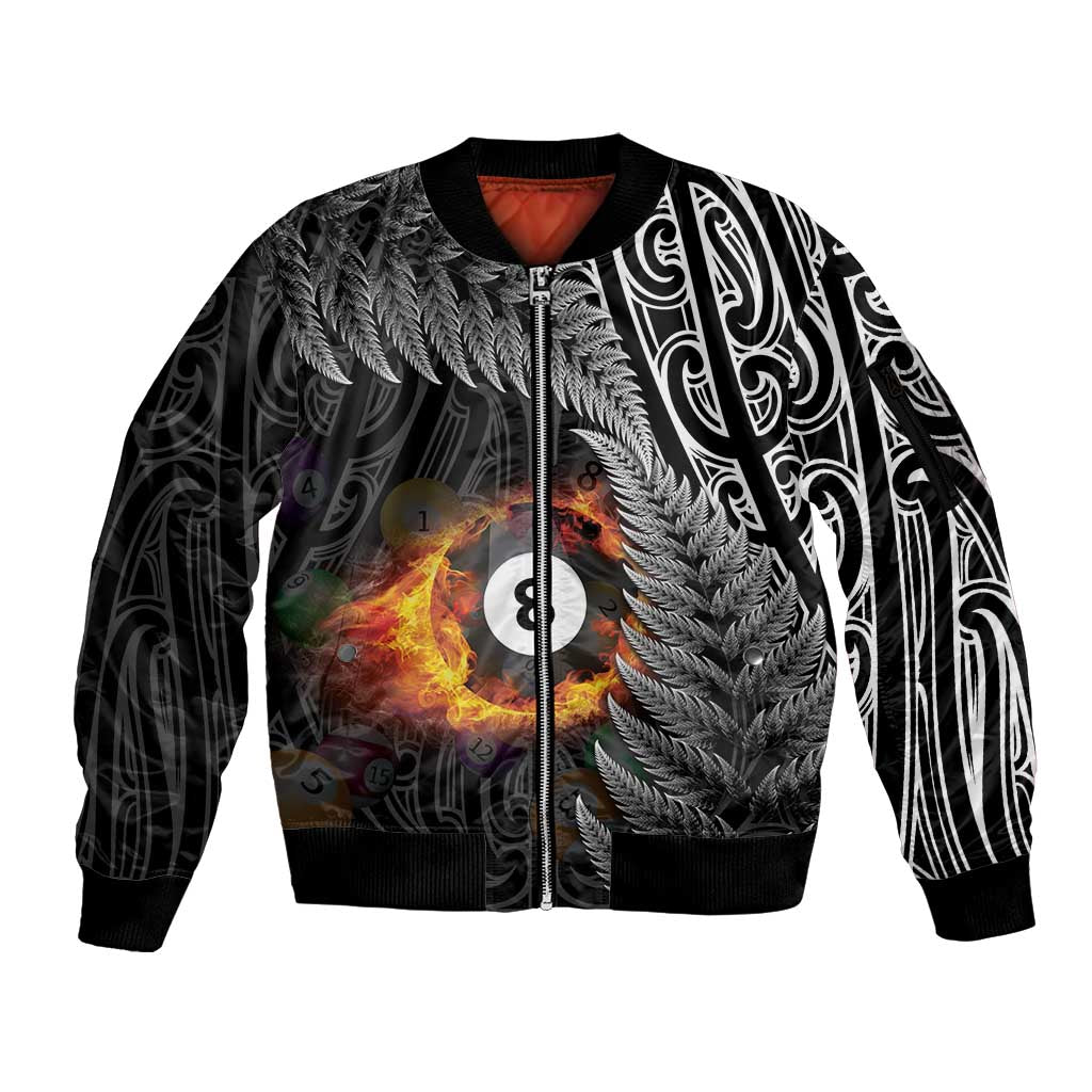 Personalised New Zealand Billiards Sleeve Zip Bomber Jacket Maori Fern On Fire 8 Ball LT14 Unisex Black - Polynesian Pride