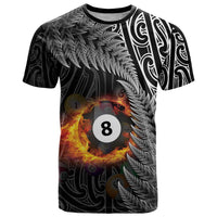 Personalised New Zealand Billiards T Shirt Maori Fern On Fire 8 Ball LT14 Black - Polynesian Pride