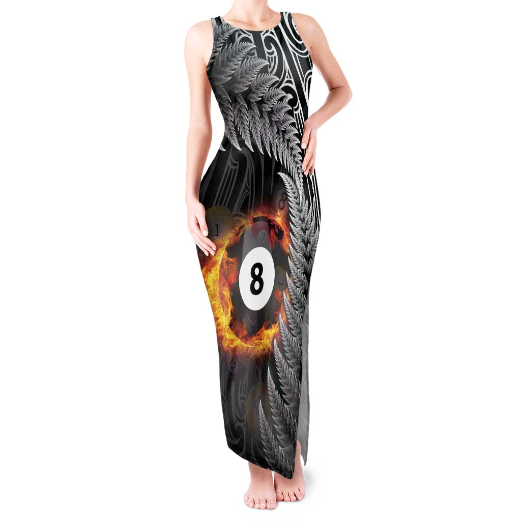 Personalised New Zealand Billiards Tank Maxi Dress Maori Fern On Fire 8 Ball LT14 Women Black - Polynesian Pride