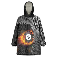 Personalised New Zealand Billiards Wearable Blanket Hoodie Maori Fern On Fire 8 Ball LT14 One Size Black - Polynesian Pride