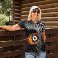 Personalised New Zealand Billiards Women Polo Shirt Maori Fern On Fire 8 Ball - Polynesian Pride