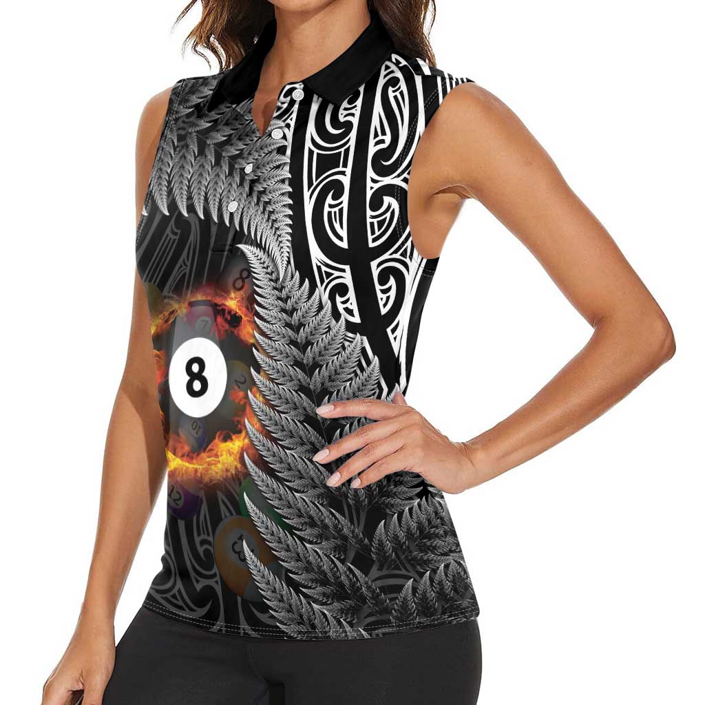 Personalised New Zealand Billiards Women Sleeveless Polo Shirt Maori Fern On Fire 8 Ball LT14 - Polynesian Pride