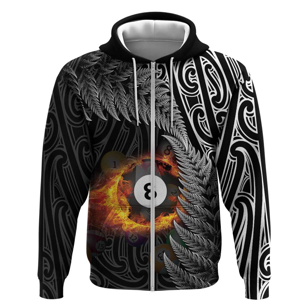 Personalised New Zealand Billiards Zip Hoodie Maori Fern On Fire 8 Ball LT14 Zip Hoodie Black - Polynesian Pride