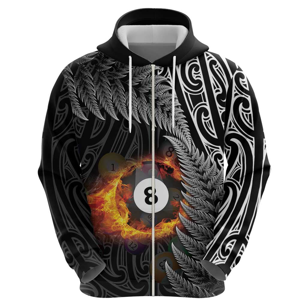 Personalised New Zealand Billiards Zip Hoodie Maori Fern On Fire 8 Ball LT14 - Polynesian Pride
