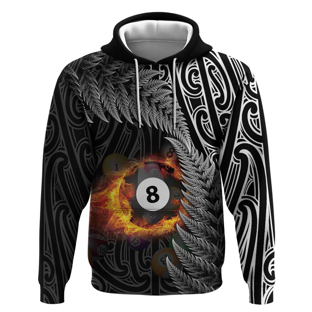 Personalised New Zealand Billiards Zip Hoodie Maori Fern On Fire 8 Ball LT14 Pullover Hoodie Black - Polynesian Pride
