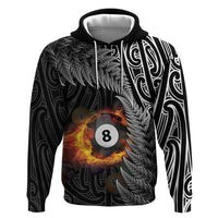Personalised New Zealand Billiards Zip Hoodie Maori Fern On Fire 8 Ball LT14 Pullover Hoodie Black - Polynesian Pride