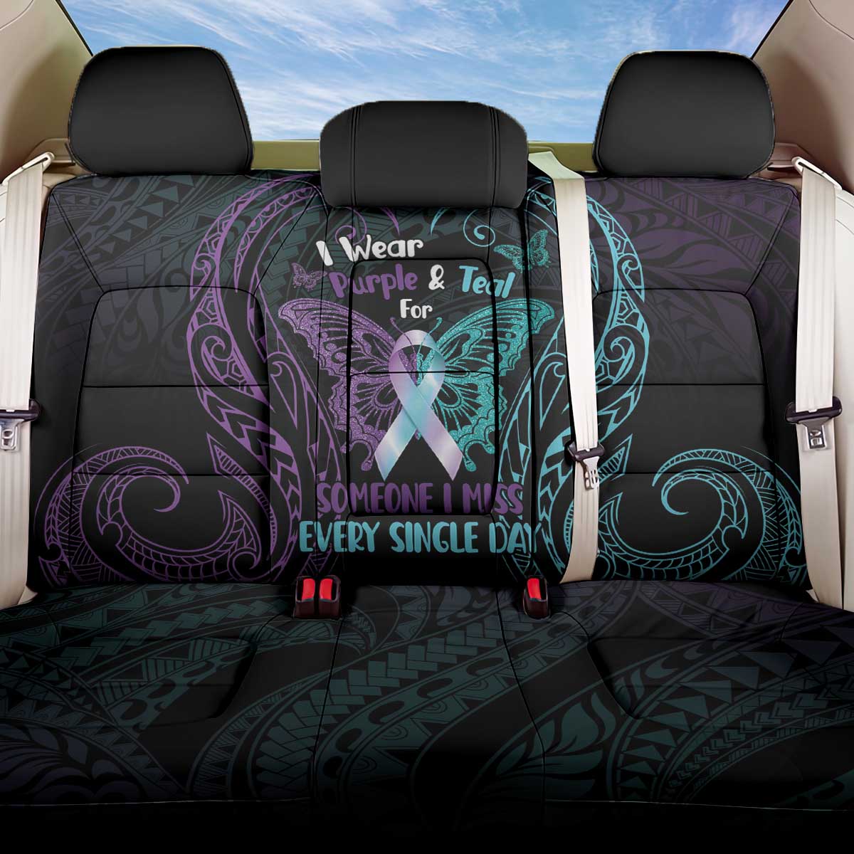 Suicide Awareness Memorial Back Car Seat Cover I Wear Purple and Teal For Someone I Miss LT14 One Size Black - Polynesian Pride