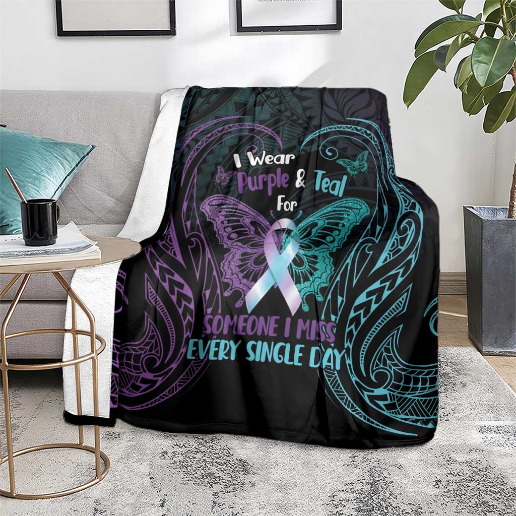 Suicide Awareness Memorial Blanket I Wear Purple and Teal For Someone I Miss - Polynesian Pride