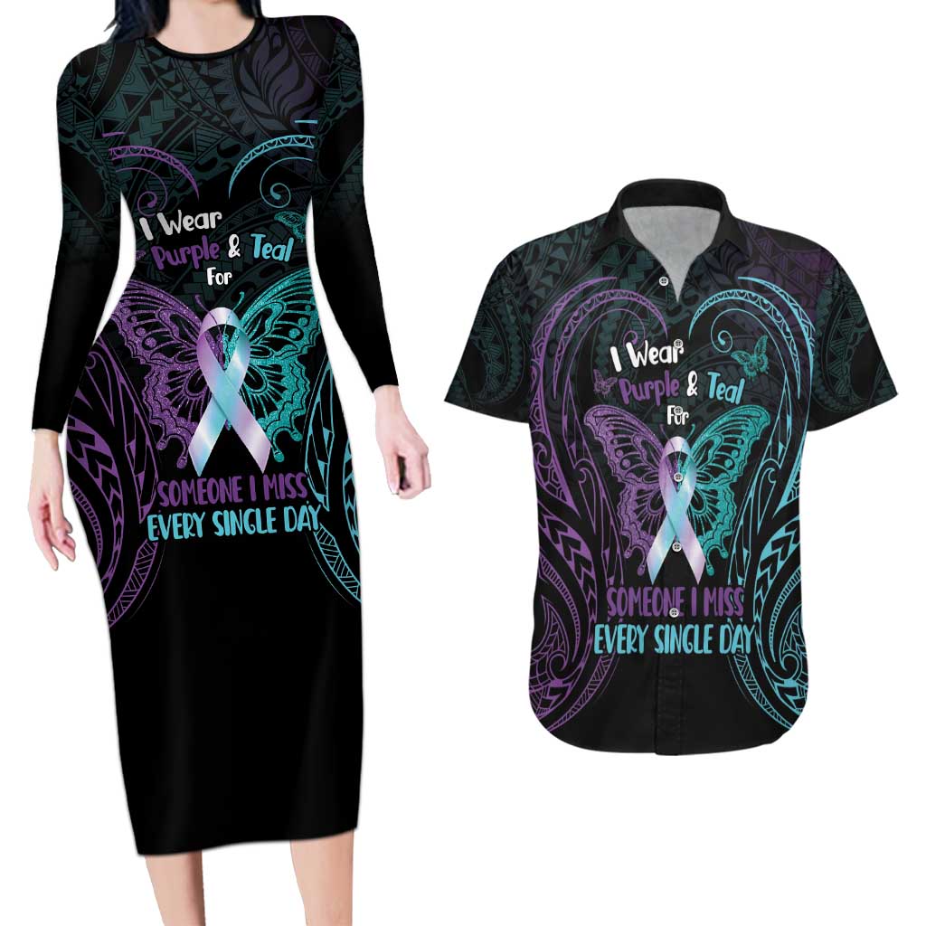 Suicide Awareness Memorial Couples Matching Long Sleeve Bodycon Dress and Hawaiian Shirt I Wear Purple and Teal For Someone I Miss LT14 Black - Polynesian Pride