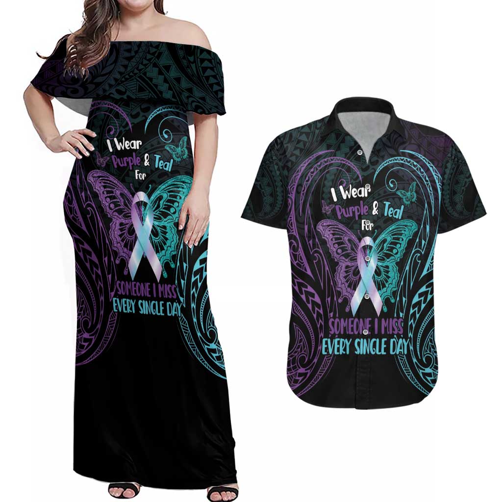 Suicide Awareness Memorial Couples Matching Off Shoulder Maxi Dress and Hawaiian Shirt I Wear Purple and Teal For Someone I Miss LT14 Black - Polynesian Pride