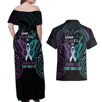 Suicide Awareness Memorial Couples Matching Off Shoulder Maxi Dress and Hawaiian Shirt I Wear Purple and Teal For Someone I Miss LT14 - Polynesian Pride