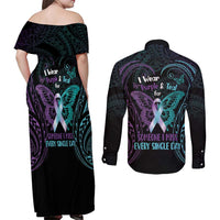 Suicide Awareness Memorial Couples Matching Off Shoulder Maxi Dress and Long Sleeve Button Shirt I Wear Purple and Teal For Someone I Miss LT14 - Polynesian Pride