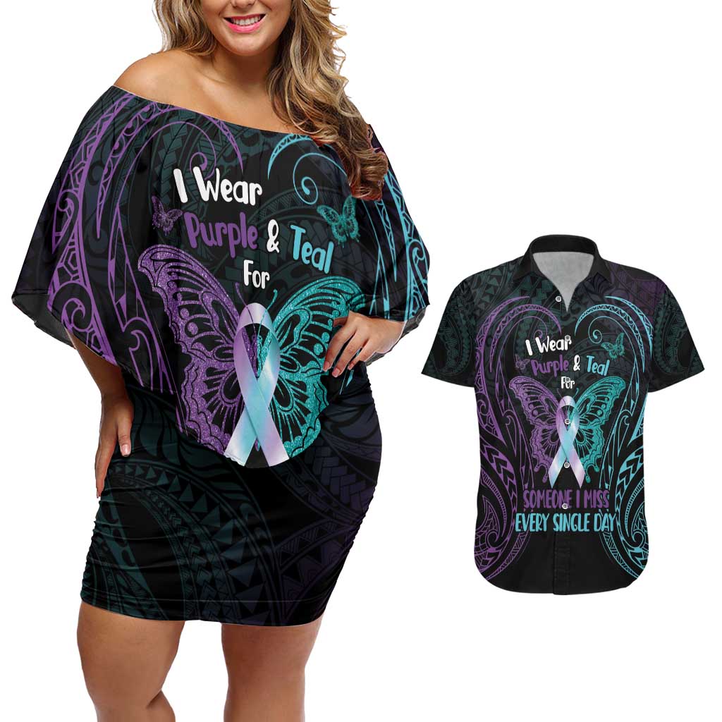 Suicide Awareness Memorial Couples Matching Off Shoulder Short Dress and Hawaiian Shirt I Wear Purple and Teal For Someone I Miss LT14 Black - Polynesian Pride