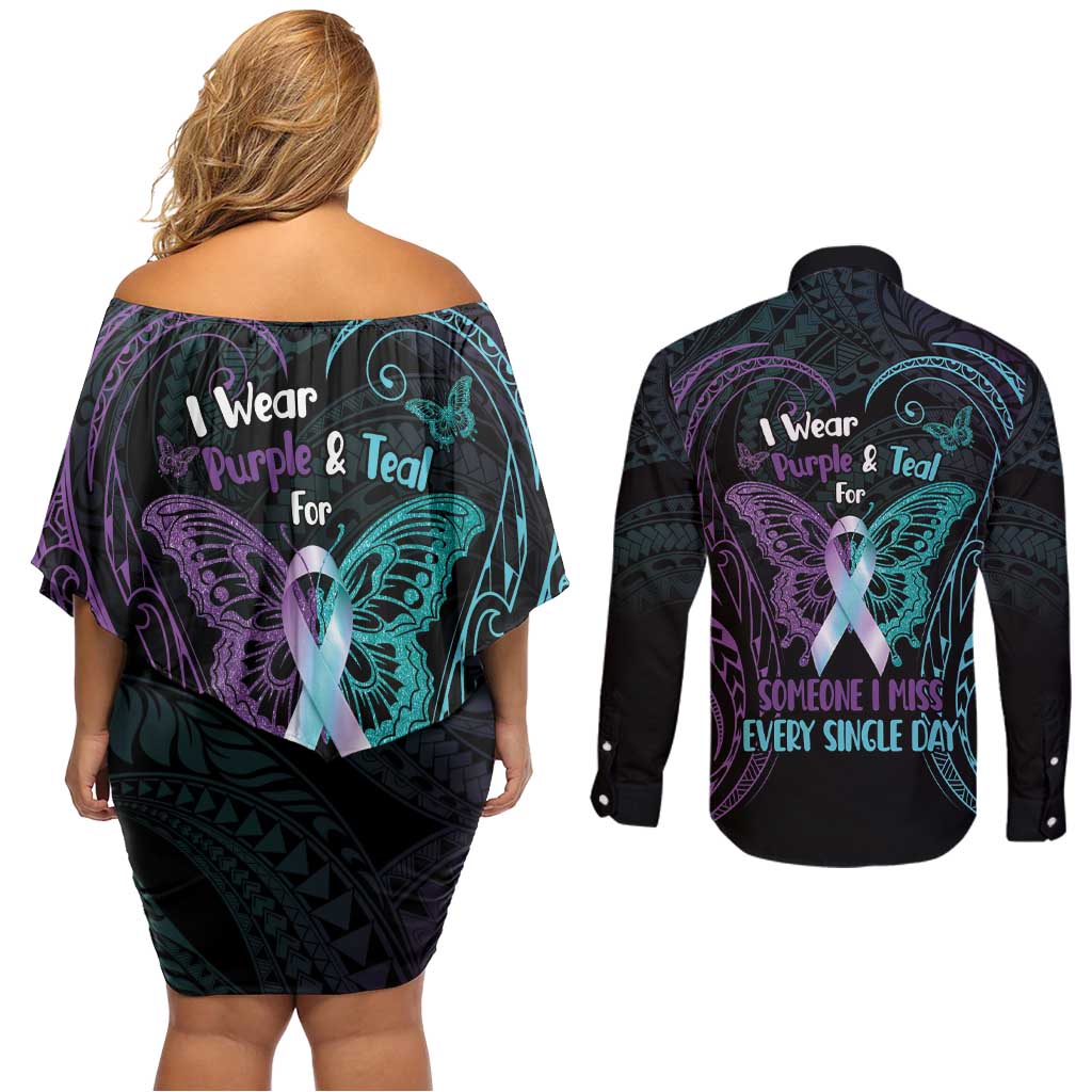 Suicide Awareness Memorial Couples Matching Off Shoulder Short Dress and Long Sleeve Button Shirt I Wear Purple and Teal For Someone I Miss LT14 - Polynesian Pride