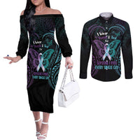 Suicide Awareness Memorial Couples Matching Off The Shoulder Long Sleeve Dress and Long Sleeve Button Shirt I Wear Purple and Teal For Someone I Miss LT14 Black - Polynesian Pride