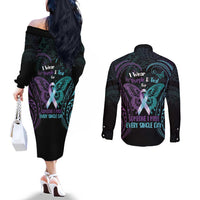 Suicide Awareness Memorial Couples Matching Off The Shoulder Long Sleeve Dress and Long Sleeve Button Shirt I Wear Purple and Teal For Someone I Miss LT14 - Polynesian Pride