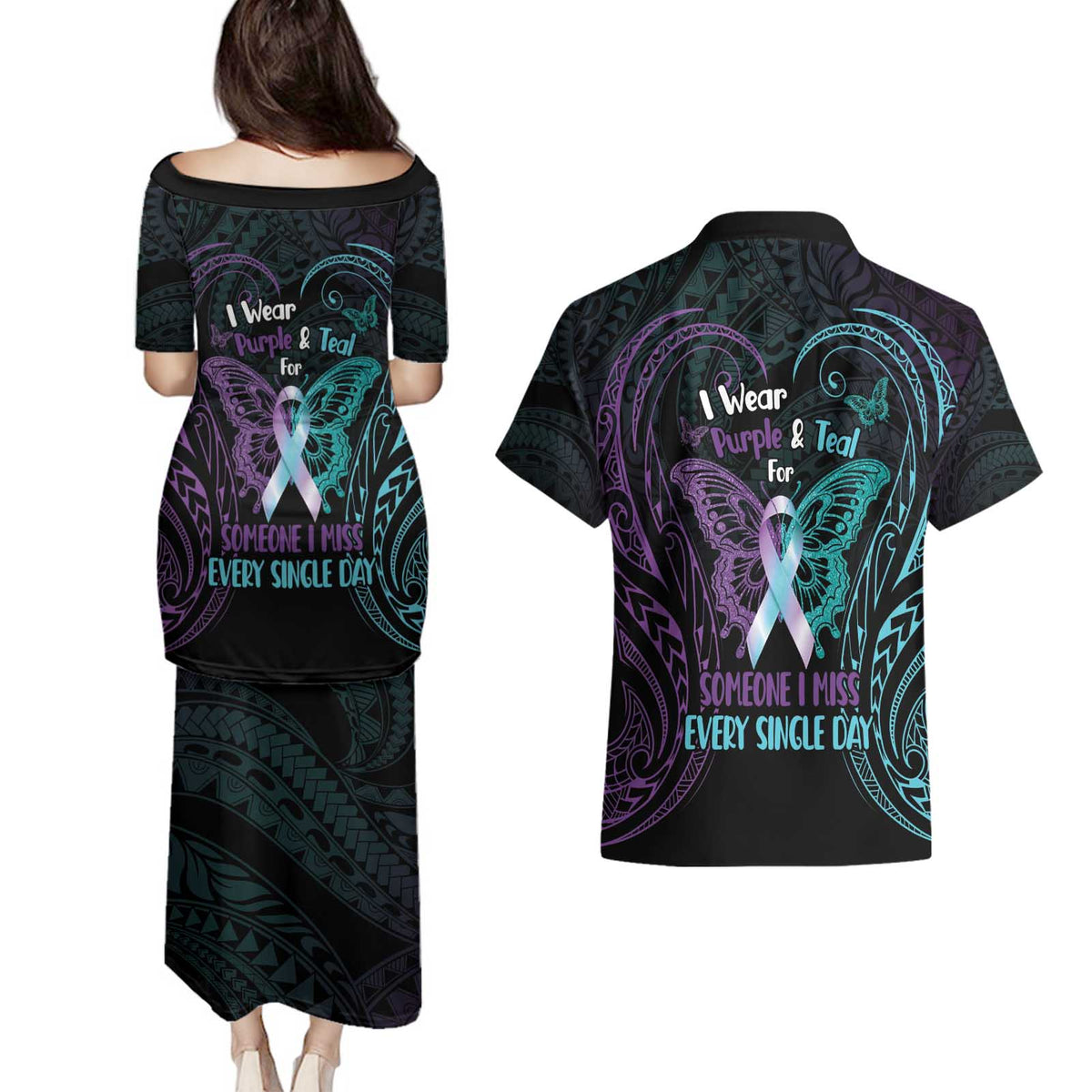 Suicide Awareness Memorial Couples Matching Puletasi and Hawaiian Shirt I Wear Purple and Teal For Someone I Miss LT14 - Polynesian Pride