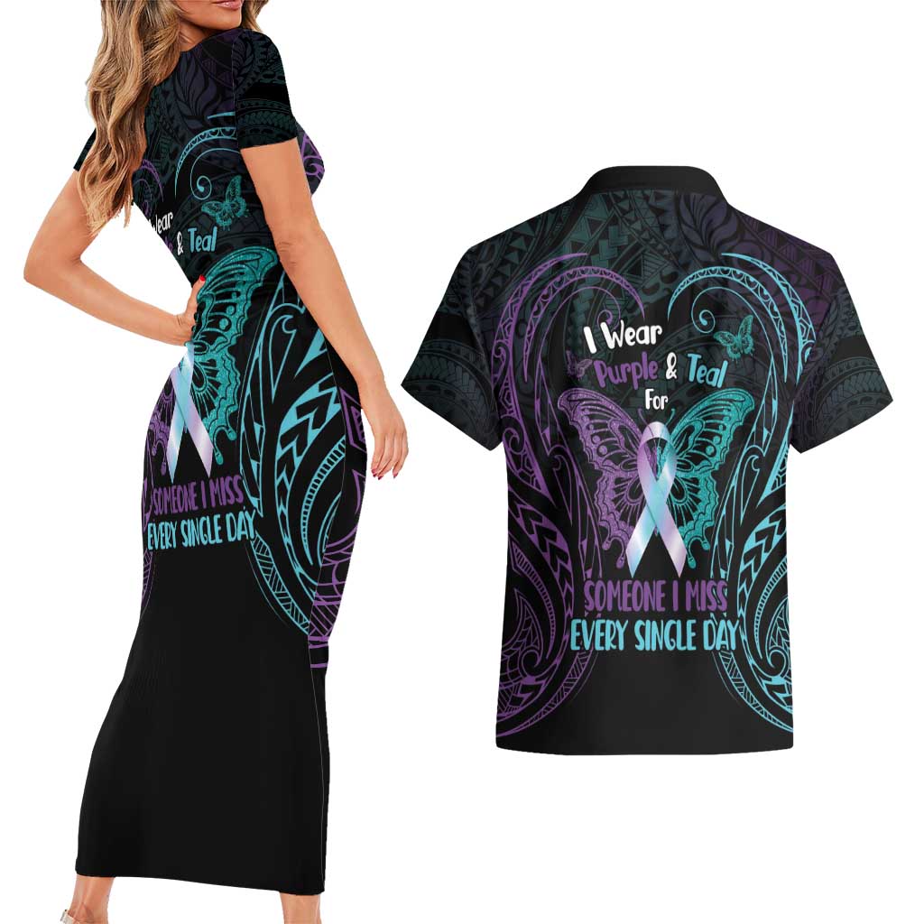 Suicide Awareness Memorial Couples Matching Short Sleeve Bodycon Dress and Hawaiian Shirt I Wear Purple and Teal For Someone I Miss LT14 - Polynesian Pride