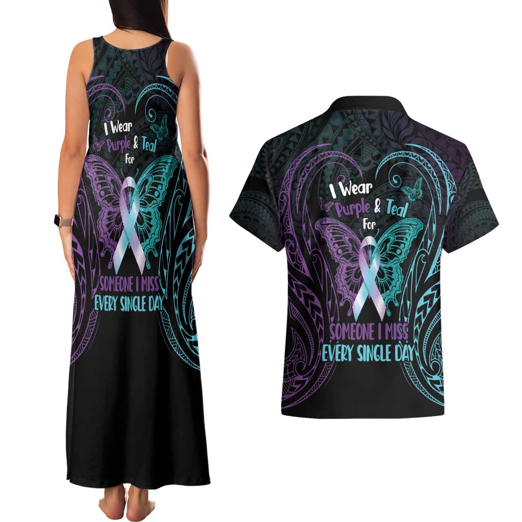 Suicide Awareness Memorial Couples Matching Tank Maxi Dress and Hawaiian Shirt I Wear Purple and Teal For Someone I Miss LT14 - Polynesian Pride