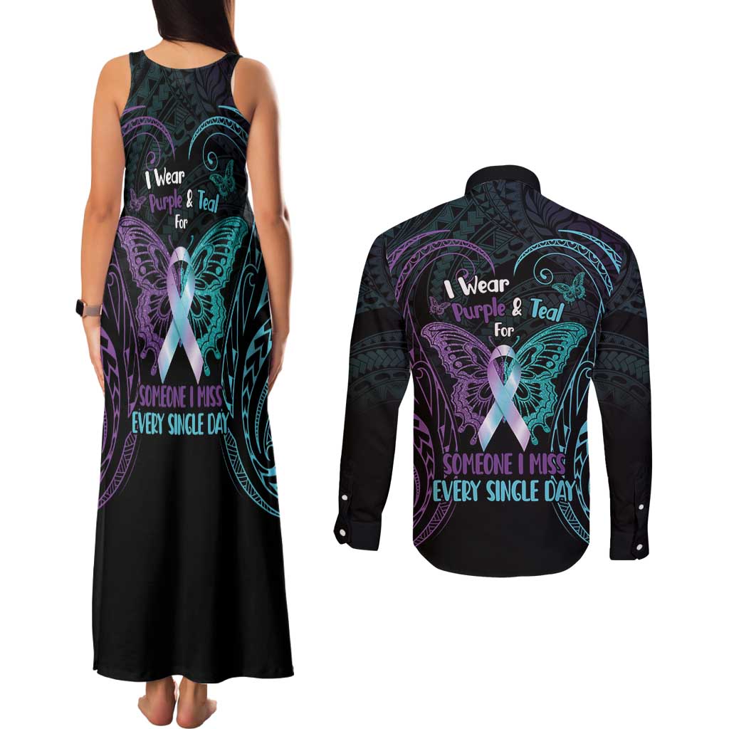 Suicide Awareness Memorial Couples Matching Tank Maxi Dress and Long Sleeve Button Shirt I Wear Purple and Teal For Someone I Miss LT14 - Polynesian Pride