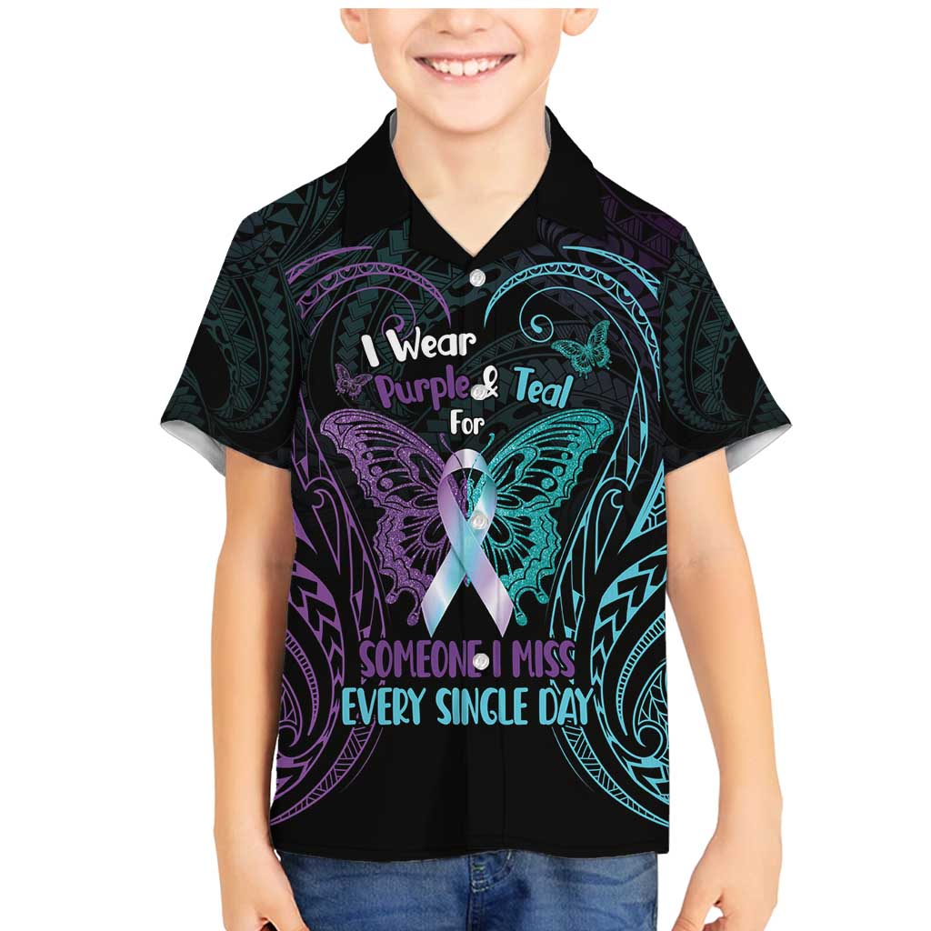 Suicide Awareness Memorial Family Matching Mermaid Dress and Hawaiian Shirt I Wear Purple and Teal For Someone I Miss LT14 Son's Shirt Black - Polynesian Pride