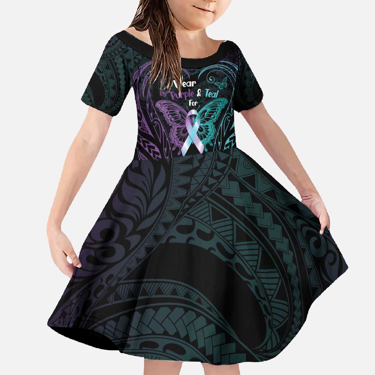 Suicide Awareness Memorial Family Matching Off The Shoulder Long Sleeve Dress and Hawaiian Shirt I Wear Purple and Teal For Someone I Miss LT14 Daughter's Dress Black - Polynesian Pride