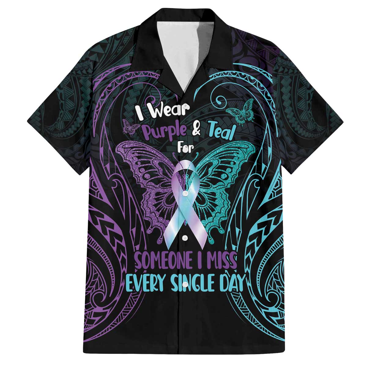 Suicide Awareness Memorial Family Matching Off The Shoulder Long Sleeve Dress and Hawaiian Shirt I Wear Purple and Teal For Someone I Miss LT14 Dad's Shirt - Short Sleeve Black - Polynesian Pride