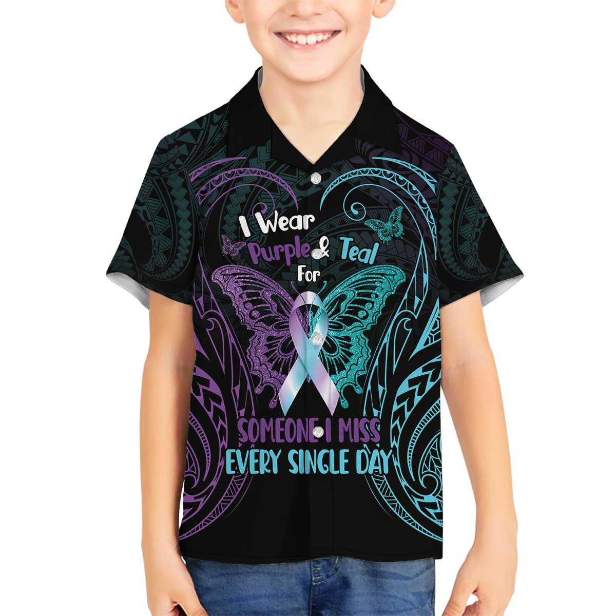 Suicide Awareness Memorial Family Matching Off The Shoulder Long Sleeve Dress and Hawaiian Shirt I Wear Purple and Teal For Someone I Miss LT14 Son's Shirt Black - Polynesian Pride