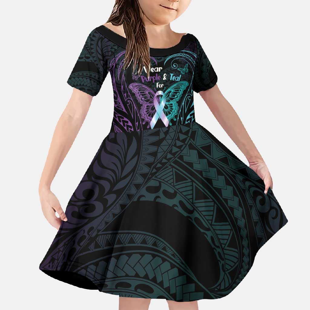 Suicide Awareness Memorial Family Matching Off Shoulder Maxi Dress and Hawaiian Shirt I Wear Purple and Teal For Someone I Miss LT14 Daughter's Dress Black - Polynesian Pride