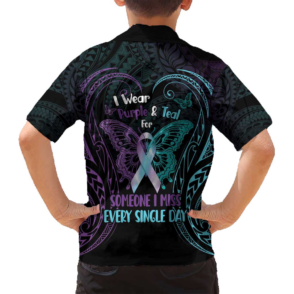 Suicide Awareness Memorial Family Matching Off Shoulder Short Dress and Hawaiian Shirt I Wear Purple and Teal For Someone I Miss LT14 - Polynesian Pride