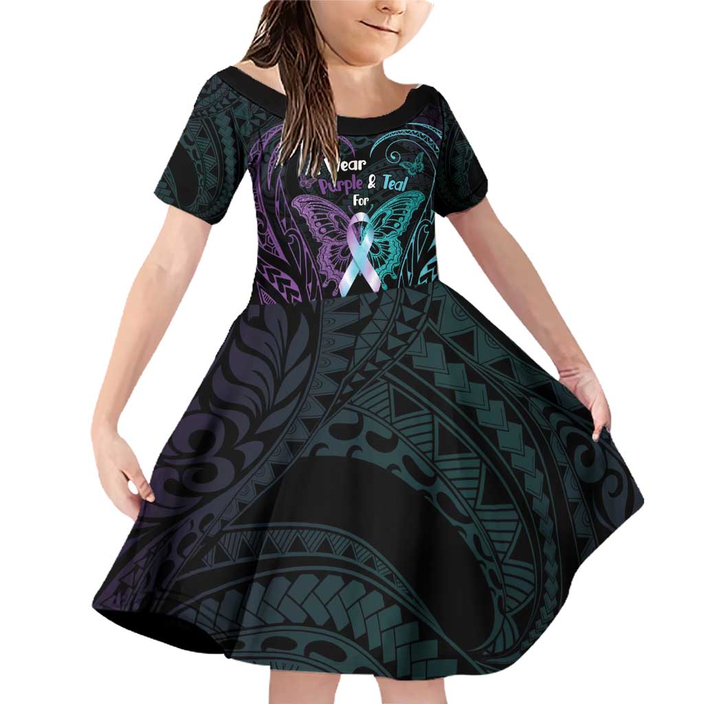 Suicide Awareness Memorial Family Matching Off Shoulder Short Dress and Hawaiian Shirt I Wear Purple and Teal For Someone I Miss LT14 Daughter's Dress Black - Polynesian Pride