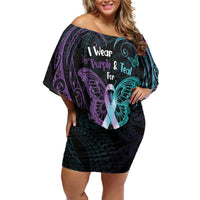 Suicide Awareness Memorial Family Matching Off Shoulder Short Dress and Hawaiian Shirt I Wear Purple and Teal For Someone I Miss LT14 Mom's Dress Black - Polynesian Pride