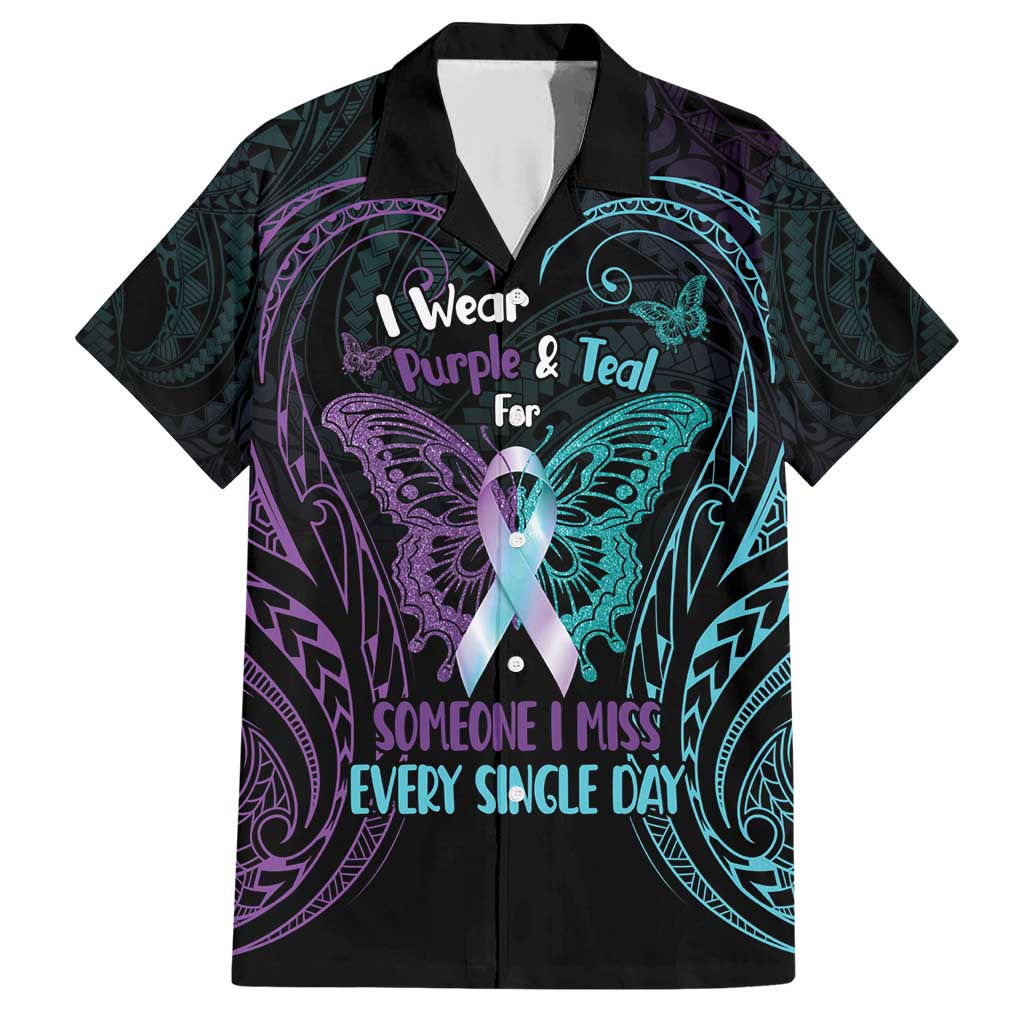 Suicide Awareness Memorial Family Matching Short Sleeve Bodycon Dress and Hawaiian Shirt I Wear Purple and Teal For Someone I Miss LT14 Dad's Shirt - Short Sleeve Black - Polynesian Pride