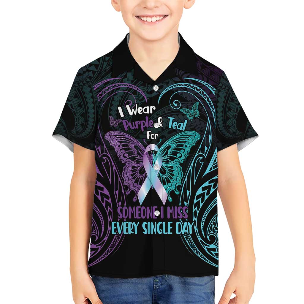 Suicide Awareness Memorial Family Matching Short Sleeve Bodycon Dress and Hawaiian Shirt I Wear Purple and Teal For Someone I Miss LT14 Son's Shirt Black - Polynesian Pride