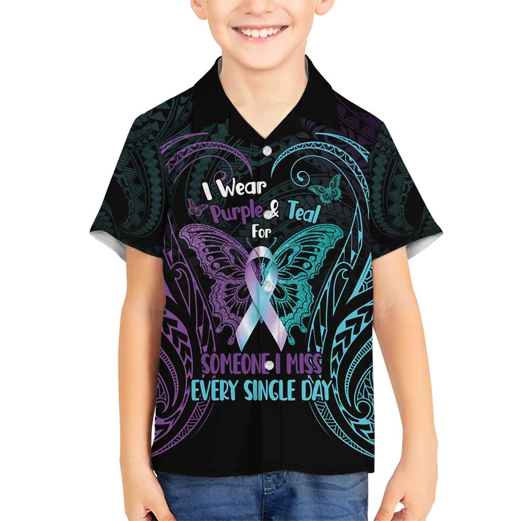 Suicide Awareness Memorial Family Matching Tank Maxi Dress and Hawaiian Shirt I Wear Purple and Teal For Someone I Miss LT14 Son's Shirt Black - Polynesian Pride
