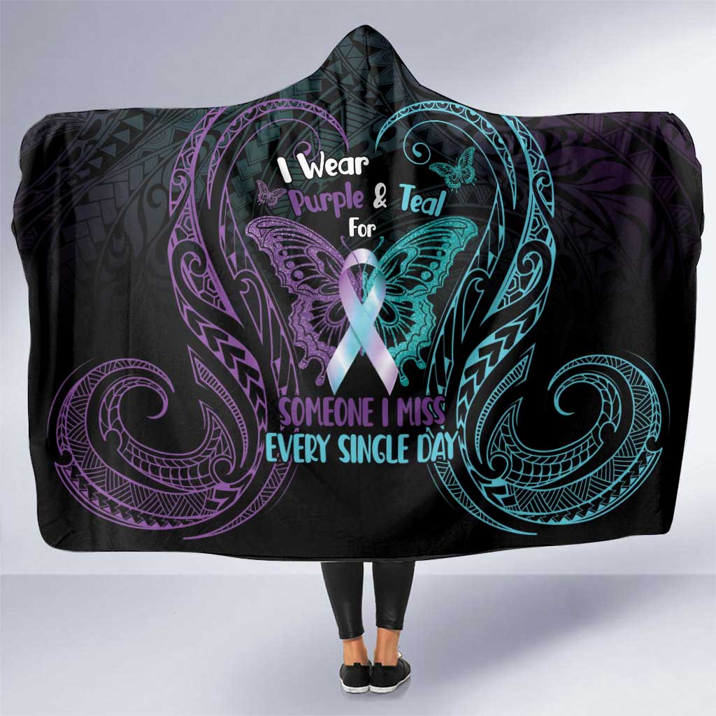 Suicide Awareness Memorial Hooded Blanket I Wear Purple and Teal For Someone I Miss LT14 One Size Black - Polynesian Pride