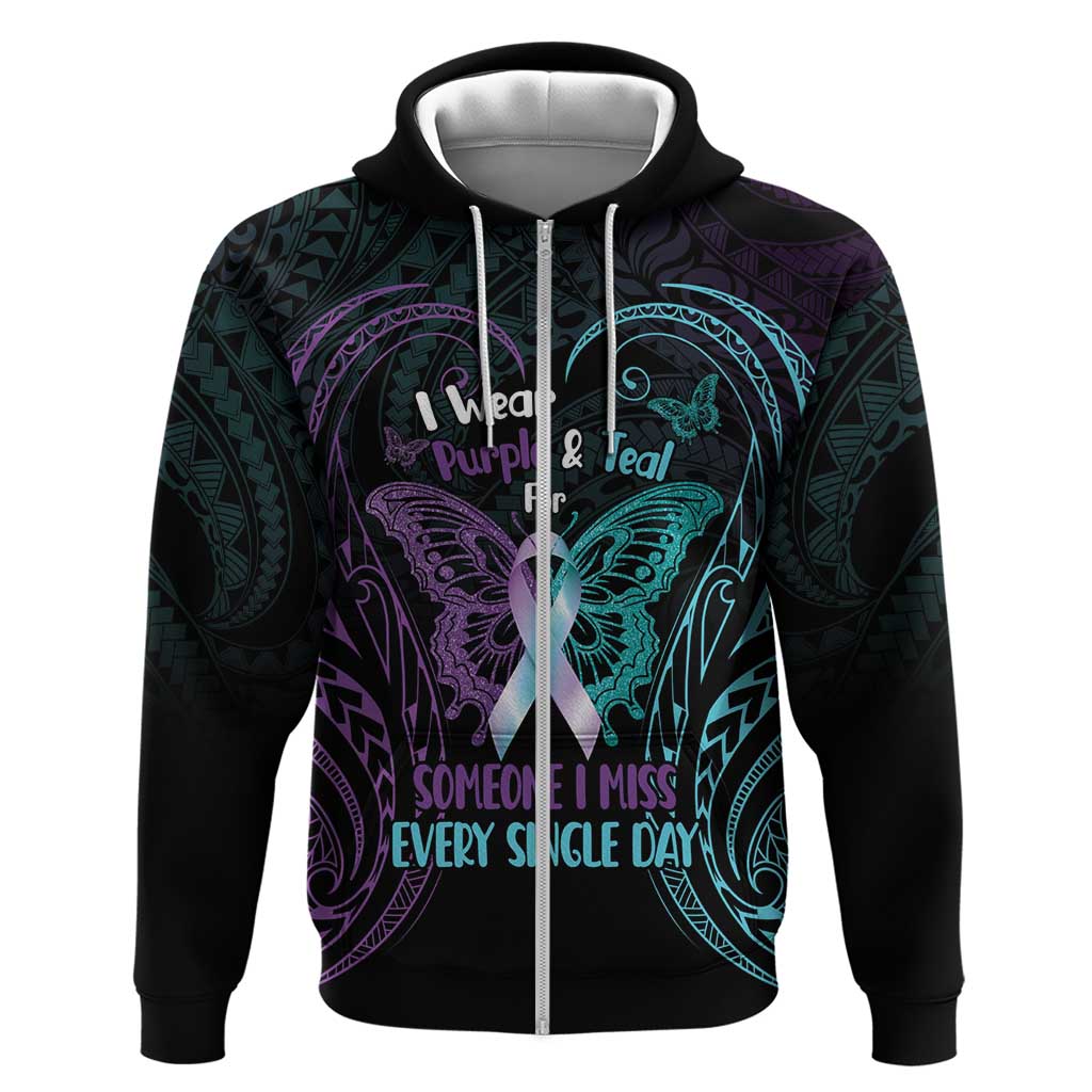 Suicide Awareness Memorial Hoodie I Wear Purple and Teal For Someone I Miss LT14 Zip Hoodie Black - Polynesian Pride
