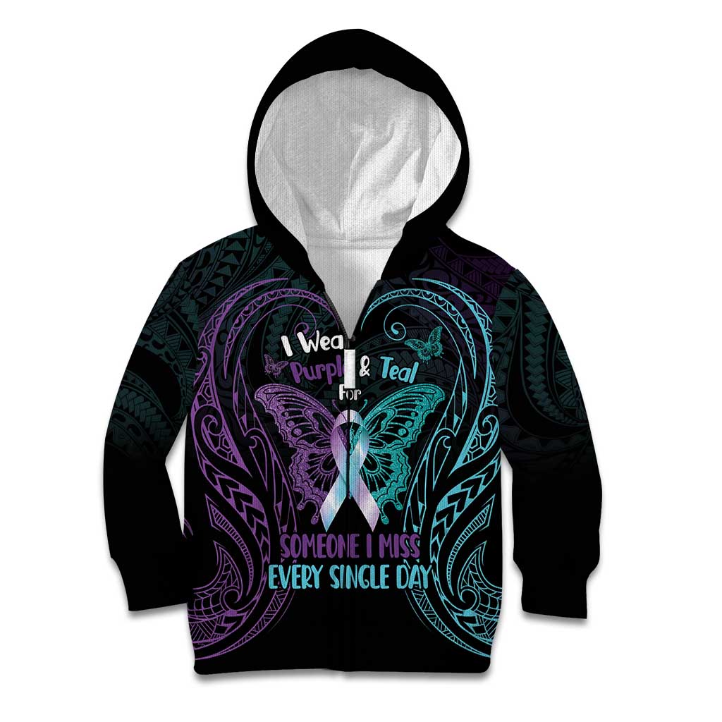Suicide Awareness Memorial Kid Hoodie I Wear Purple and Teal For Someone I Miss LT14 Zip Hoodie Black - Polynesian Pride