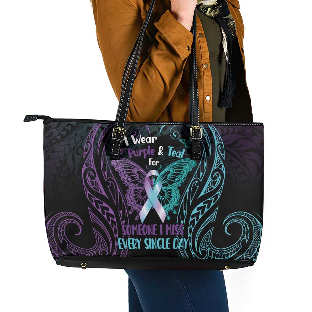 Suicide Awareness Memorial Leather Tote Bag I Wear Purple and Teal For Someone I Miss LT14 - Polynesian Pride