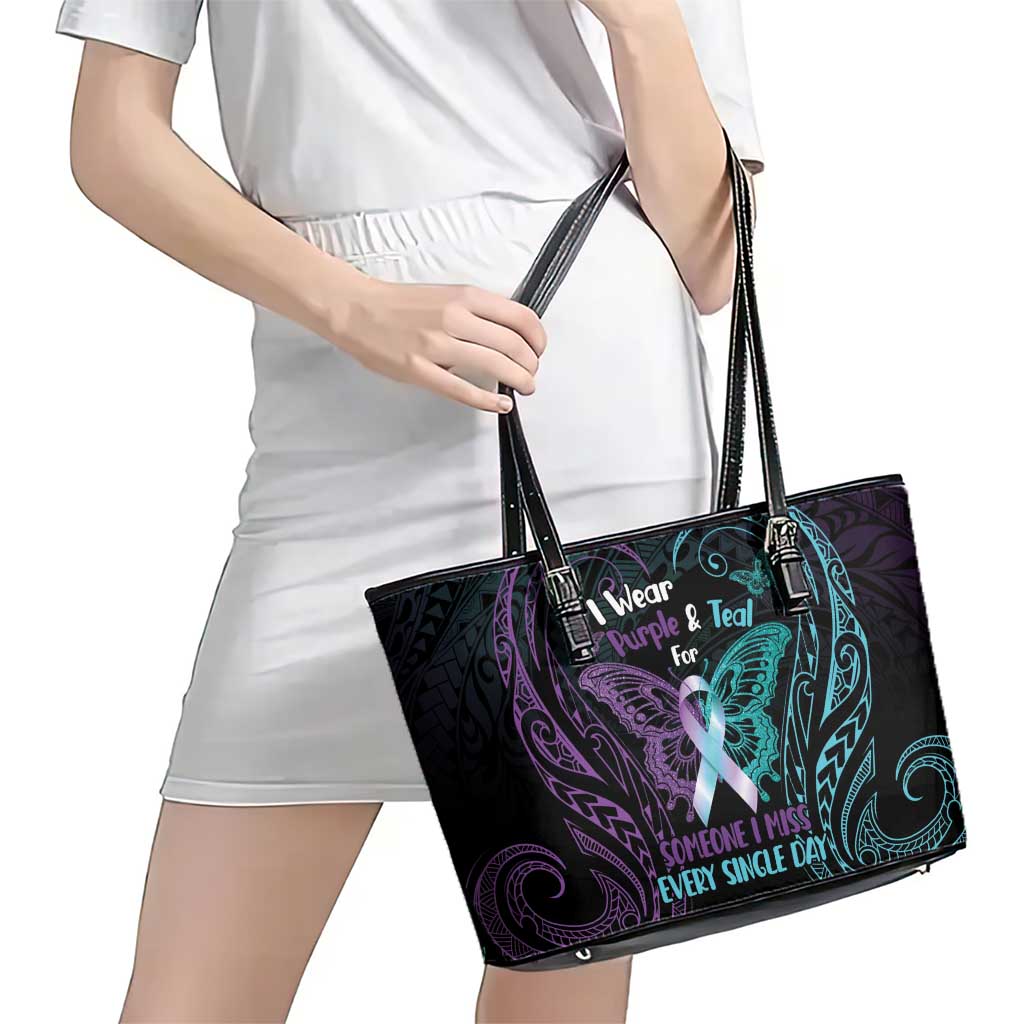 Suicide Awareness Memorial Leather Tote Bag I Wear Purple and Teal For Someone I Miss LT14 - Polynesian Pride